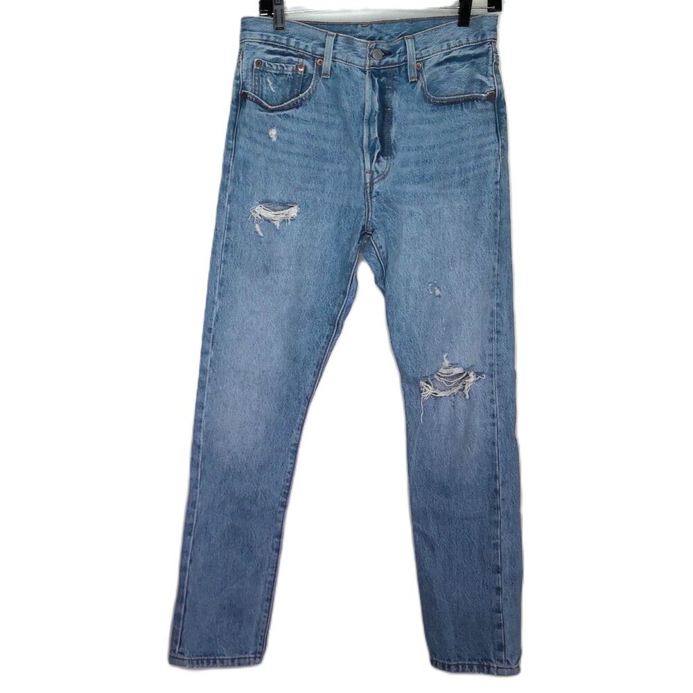 Levis Premium 501 S Skinny Men's Blue Jeans Button Fly Distressed EUC 28 X 28